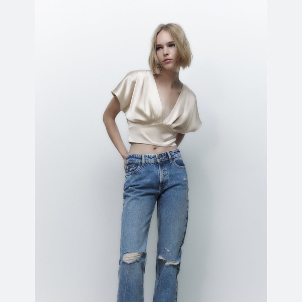 NWT Zara Champagne Satin Top with Plunge and Tie Back Detail XS